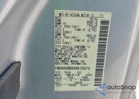 2004 Nissan Titan Xe/Se/Le из США, поврежденный, VIN 1N6AA06B64N576675